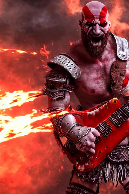 Image similar to red face paint armored screaming kratos rocking out on a flaming stratocaster guitar, cinematic render, god of war 2 0 1 8, playstation studios official media, lightning, flames, left eye red stripe, red left eye stripe, left eye red stripe, red left eye stripe, clear, coherent