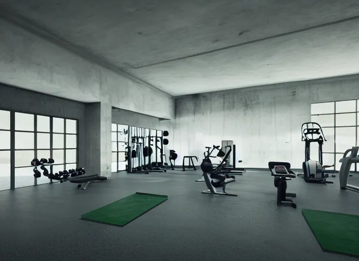 Prompt: photograph of a gym build on a bunker, cinematographic, sharp focus, elegant, green light, unreal engine 5, octane, 4 k