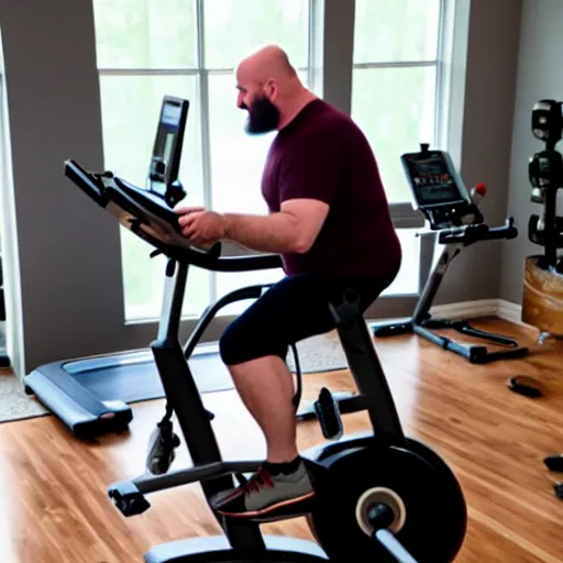 Image similar to chonky bald, grey trimmed bearded ethan van sciver working out vigorously on his peloton exercise bike