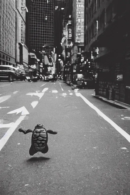 Image similar to photo polaroid of a ninja turtle in the middle of a New York street, loneliness, war, black and white ,photorealistic, 35mm film,