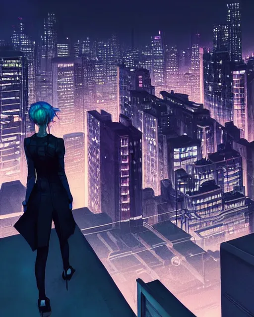 Image similar to a night rooftop scene by Liam Wong, close shot of a photorealistic beautiful half cyborg woman by Artgerm and NeoArtCorE Artgerm and NeoArtCorE Artgerm and NeoArtCorE Artgerm and NeoArtCorE on the rooftop looking at the city below, the half cyborg woman is wearing a long trench coat