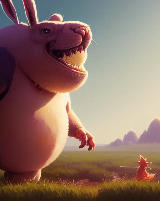 Prompt: highly detailed vfx portrait of a cute, happy big chungus, stephen bliss, unrealengine, greg rutkowski, loish, rhads, beeple, makoto shinkai and lois van baarle, ilya kuvshinov, rossdraws, tom bagshaw, global illumination, detailed and intricate environment