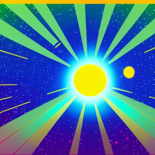 Image similar to cinematic view of sun on space, style by kurzgesagt