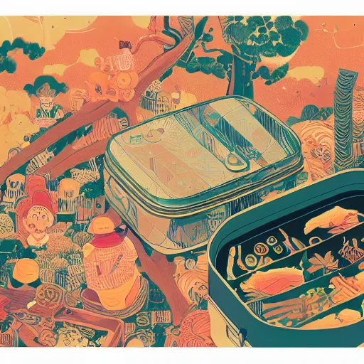 Prompt: an illustration of lunch box by victo ngai