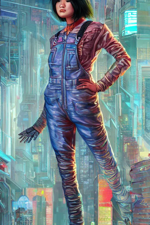 Image similar to a full body illustration of an asian female cyberpunk character wearing dungarees, highly detailed, oil on canvas, soft lighting, neon pastel colors, by Glenn Fabry, by Greg Staples, by Jean Giraud, HD, 4K