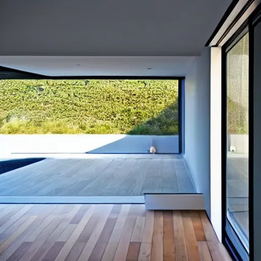 Image similar to modern minimalist zen window sill overlooking the pale blue sea