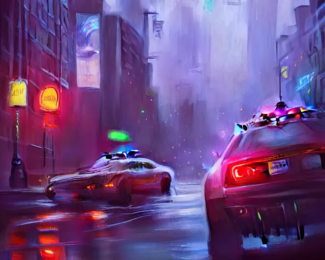 Image similar to police chase, night life, neon glow, heavy rain, deep focus, d & d, fantasy, intricate, elegant, highly detailed, digital painting, artstation, matte, sharp focus, illustration, hearthstone, art by artgerm and greg rutkowski and alphonse mucha