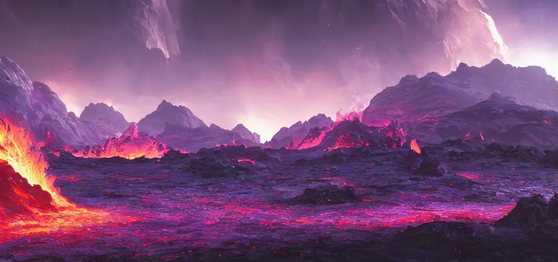 Prompt: beautiful render of an alien landscape, molten lava, purple plumes, unreal engine, first light, majestic mountains, lake, lush grass, dramatic clouds, encampment, soft light, by greg rutkowski, cgsociety