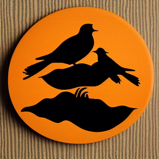 Prompt: illustration of silhouette of two crows facing each other on a branch with pumpkin orange background framed by circle