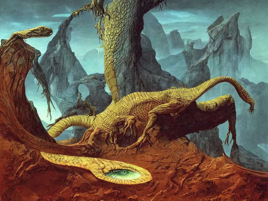 Prompt: The strange reptile creatures of Venus. Surreal, melancholic, vortex river, fumes. Painting by Audubon, Caspar David Friedrich, Roger Dean