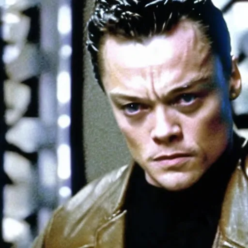 Image similar to film still of leonardo di caprio as t - 1 0 0 0 walking through bars in prison scene in terminator 2 1 9 9 1