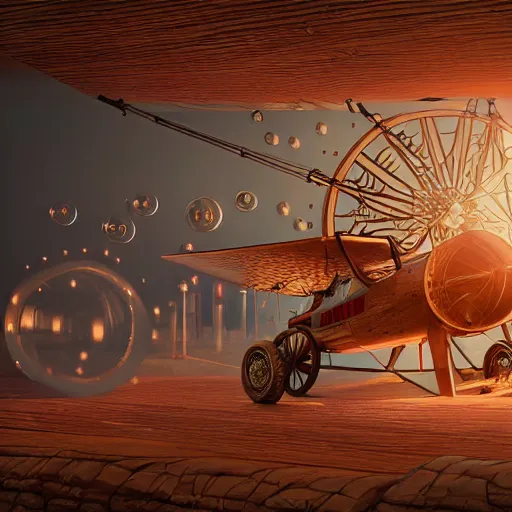 Prompt: wooden bi plane, steampunk, extreme closeup, center frame, symmetric, rim light, bioluminescence, electric, soft, concept art, intricate details, highly detailed, colorful, photorealistic, disney pixar, octane render, iridescent, anime, 8 k