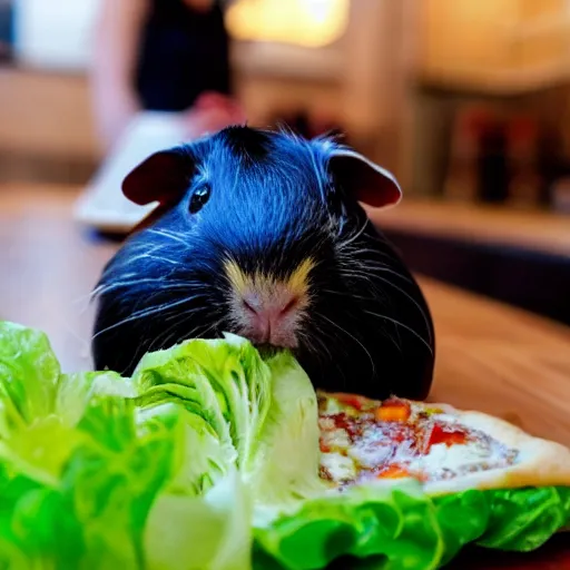 Image similar to a guinea pig looking excited with a lettuce pizza in front of them