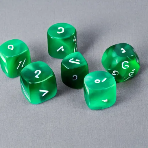 Prompt: a Dice Set with Level Up Dice on ivory jade with transitioning ionized raised numbers & compass, product photo