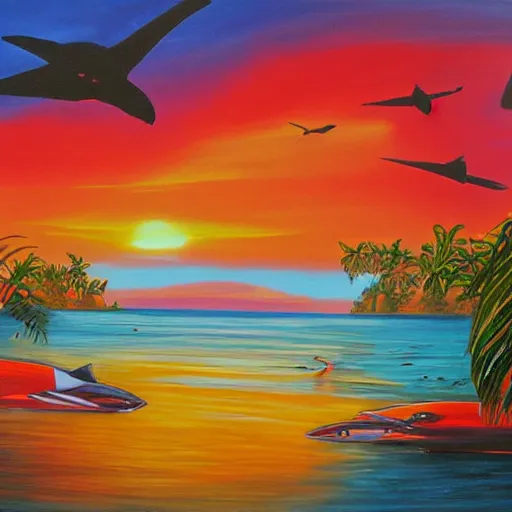 Image similar to sunrise in paradisiacal bay next to winged red panthers, art, concept art, painting