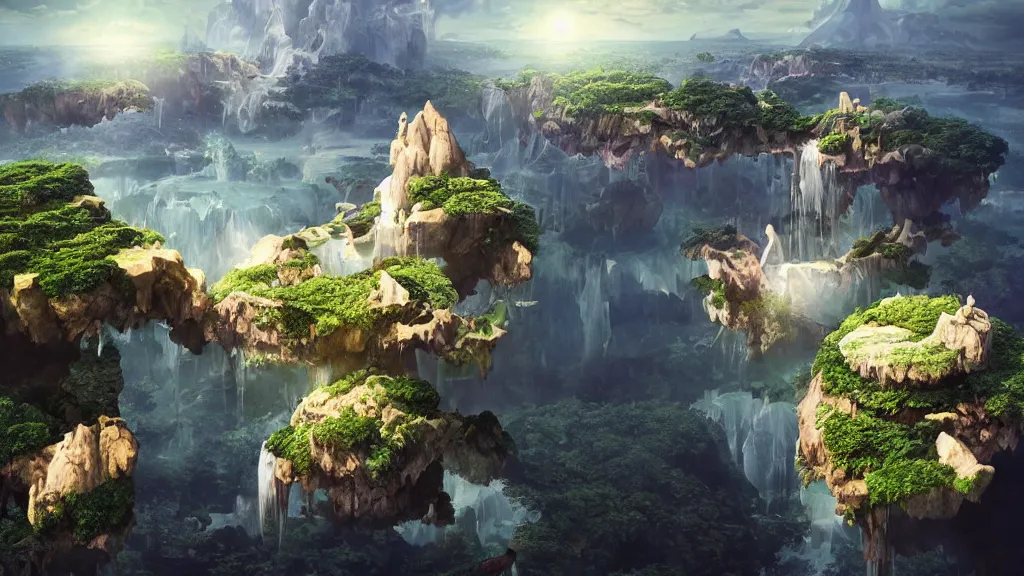 Image similar to floating islands with waterfalls connecting each other whimsical surrealism, based on child's drawing, lsd trip, dream recording, deep - space imaging fantastical setting isometric view octane render, art by salvador dali, greg rutkowski studio ghibli