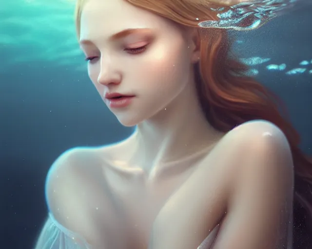 Image similar to beautiful hyperrealistic female portrait, porcelain skin, in long flowy dress, very detailed, underwater, cinematic volumetric lighting, soft bokeh, glow, 8 k, by lexi laine, by wlop, by marvel, by mucha