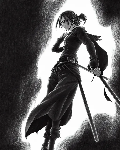 Image similar to a very detailed pencil drawing of emma watson in demon slayer manga panel, action lines, greg rutkowski, in field high resolution, dynamic pose, landscape, portrait, action, hyper realistic, manga, koyoharu gotouge, sakuga