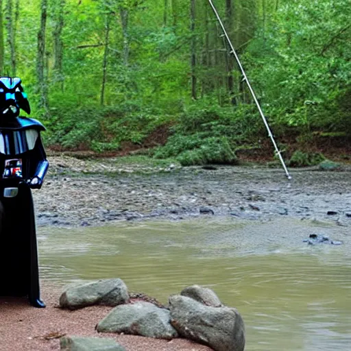 Image similar to Darth Vader fishing while standing in a creek in a forest