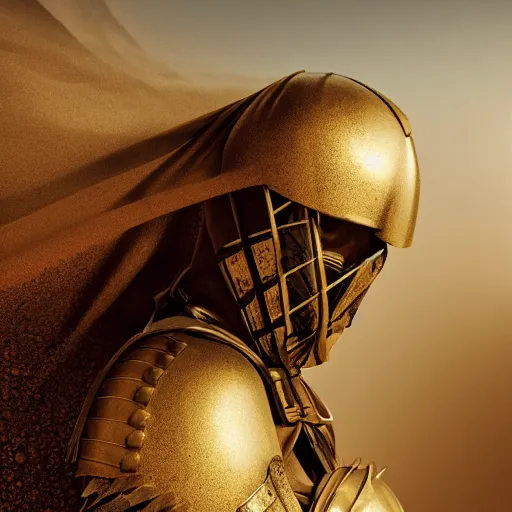 Image similar to illustration, hussar, desert, dusty, natural lighting, golden color of the sun, armor, details, photo realistic, winner of the year's best photo