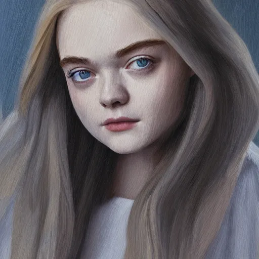 Image similar to professional painting of Elle Fanning in the style of Paola Vetri, head and shoulders portrait, symmetrical facial features, smooth, sharp focus, illustration, intricate, stormy weather, extremely detailed masterpiece,