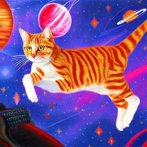 Image similar to a red tabby cat on a synthesizer flying through space , highly detailed oil painting in Memphis style