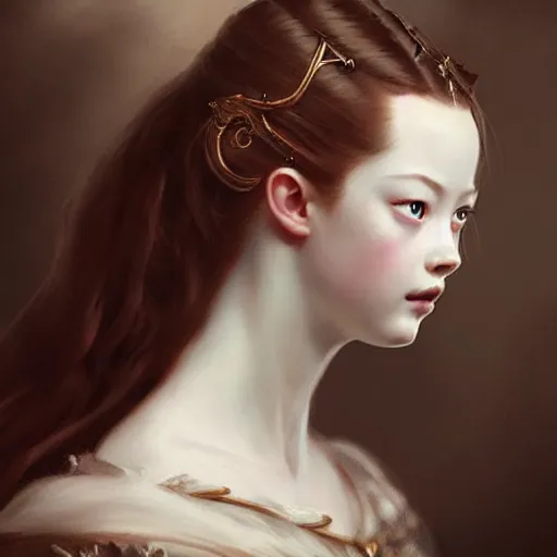 Image similar to beautiful & striking Mackenzie Foy as a 1700s princess by Artgerm and Greg Rutkowski, intricate, elegant, highly detailed, digital painting, artstation, concept art, moody, sharp focus, illustration,