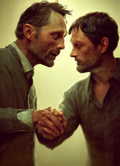 Prompt: close up portrait of Mads Mikkelsen and Hugh Dancy holding hands romantically as they chaperone school dance by ((Zdzislaw Beksinski)), Michael Whelan, Bob Larkin and Tomer Hanuka, simple illustration, domestic, nostalgic, clean, by Makoto Shinkai and thomas kinkade, Matte painting, trending on artstation and unreal engine, New Yorker magazine cover