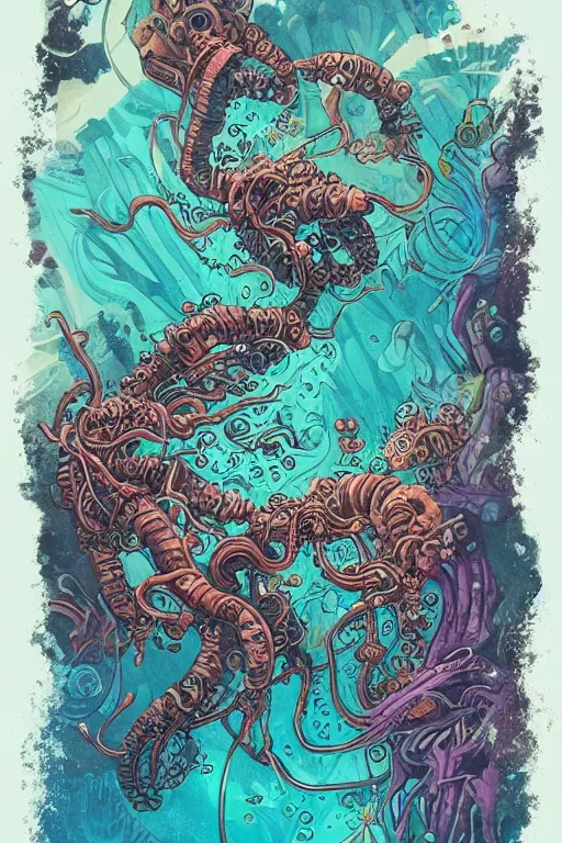 Image similar to a picture of mysterious colourful underwater creature, being discovered by a man in a steampunk diving suit. water is deep aquamarine coloured. poster art by james jean, concept art, behance contest winner, very detailed, award - winning. lovecraftian, cosmic horror, bioluminescence, submechanophobia