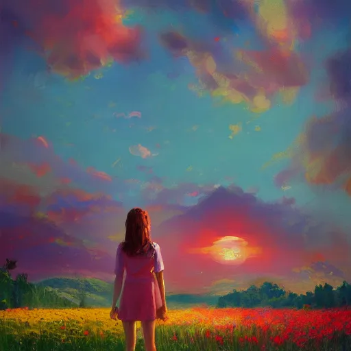 Prompt: girl with a flower face, surreal portrait, bizzare, dreamlike, standing in flower field, in a valley, sunrise dramatic light, impressionist painting, colorful clouds, artstation, simon stalenhag