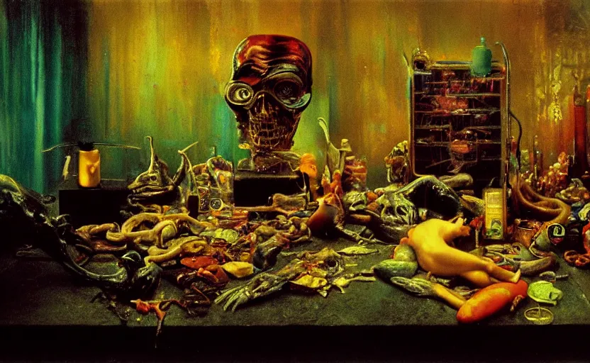 Image similar to blade runner, disturbing colorful oil painting dutch golden age vanitas still life sparse composition with bizarre objects strange gooey transparent surfaces shiny metal reflections bizarre mutant meat insects rachel ruysch dali todd schorr very detailed perfect composition rule of thirds masterpiece canon 5 0 mm, cinematic lighting, photography, retro, film, kodachrome