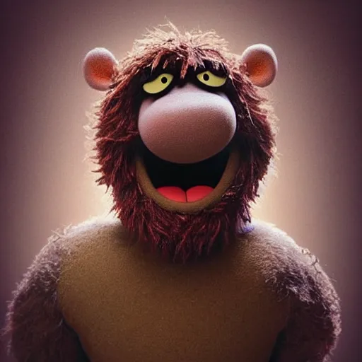 Image similar to a still of a forgotten muppet character looking very manly and modern, hilarious, laughing, hairy chest, huge chin, manly monster tough guy, roughled fur, photo real, photographic, photograph, artstation, trending, featured