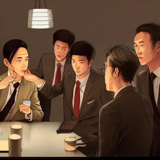 Prompt: one weasel in suits was drinking tea ， surrounded by a shabby lawyer office ， ambient lighting, 4 k, fenghua zhong, yangjun chen, wenjun lin, jung gi kim, artstation