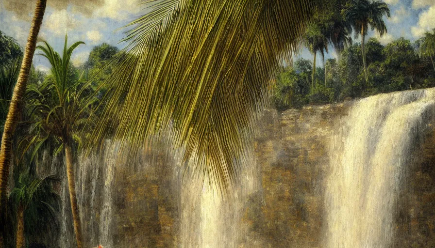 Image similar to a ultradetailed beautiful painting of the diamonds waterfall in the amazonas palace balustrade designed by jules bastien - lepage, tarsila do amaral, frank weston and gustave baumann, beach, trending on artstation, mediterranean, palm trees, sharp focus, soft light, 8 k 4 k