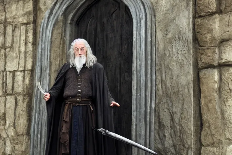 Image similar to gandalf played by charles dance, standing outside orthanc in the style of h. r. giger