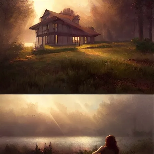 Prompt: a house by the lake, sunset, dramatic light, sunrays, painted by raymond swanland, painted by greg rutkowski, painted by jeremy mann, painted by artgerm, painted by igor kieryluk, trending on artstation