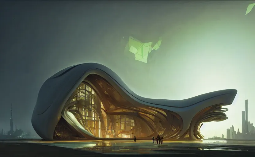 Image similar to exterior shot of utopian architecture laboratory with cinematic lighting by zaha hadid and renzo piano, darek zabrocki and greg ruthkowski, alphonse mucha, simon stalenhag, cinematic, deus ex!!!!, scifi, futurism, atmospheric, sunset, concept art, artstation, trending on artstation