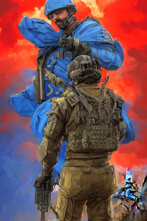 Image similar to special forces soldier installin ukrainian blue and yellow flag on red square kremlin, masculine figure, d & d, fantasy, bright atmosphere, volumetric lights, intricate, elegant, extremely detailed, digital painting, artstation, concept art, matte, smooth, sharp focus, hyper realistic, illustration, art by artgerm and greg rutkowski and alphonse mucha