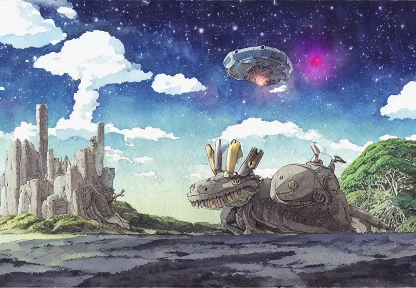 Prompt: a hyperrealist watercolor concept art from a studio ghibli film showing a giant grey mechanized crocodile from howl's moving castle ( 2 0 0 4 ). stonehenge is under construction in the background, in the rainforest on a misty and starry night. a ufo is in the sky. by studio ghibli