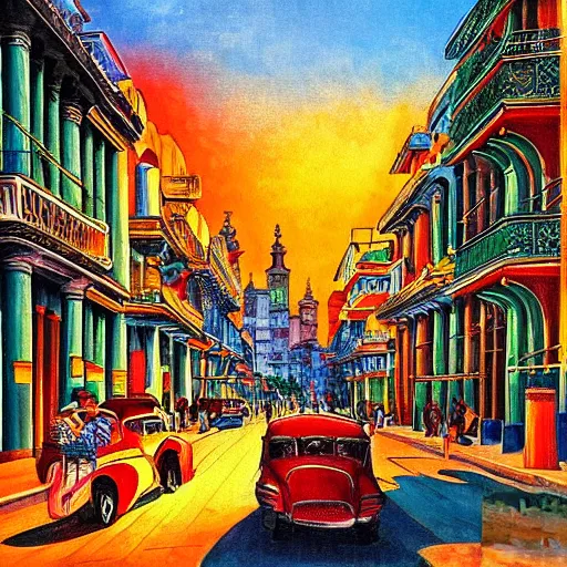 Image similar to art nouveau painting of streets of Havana, Cuba, colorful, beautiful, diverse, golden hour