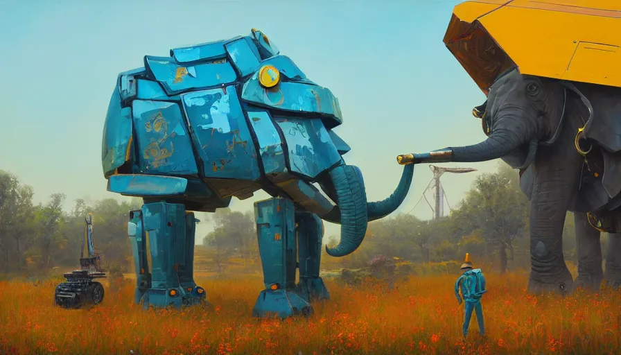 Image similar to an intricate oil painting of a giant south african armored elephant shaped scrap metal mecha by simon stalenhag, yellow, orange and cyan paint decals