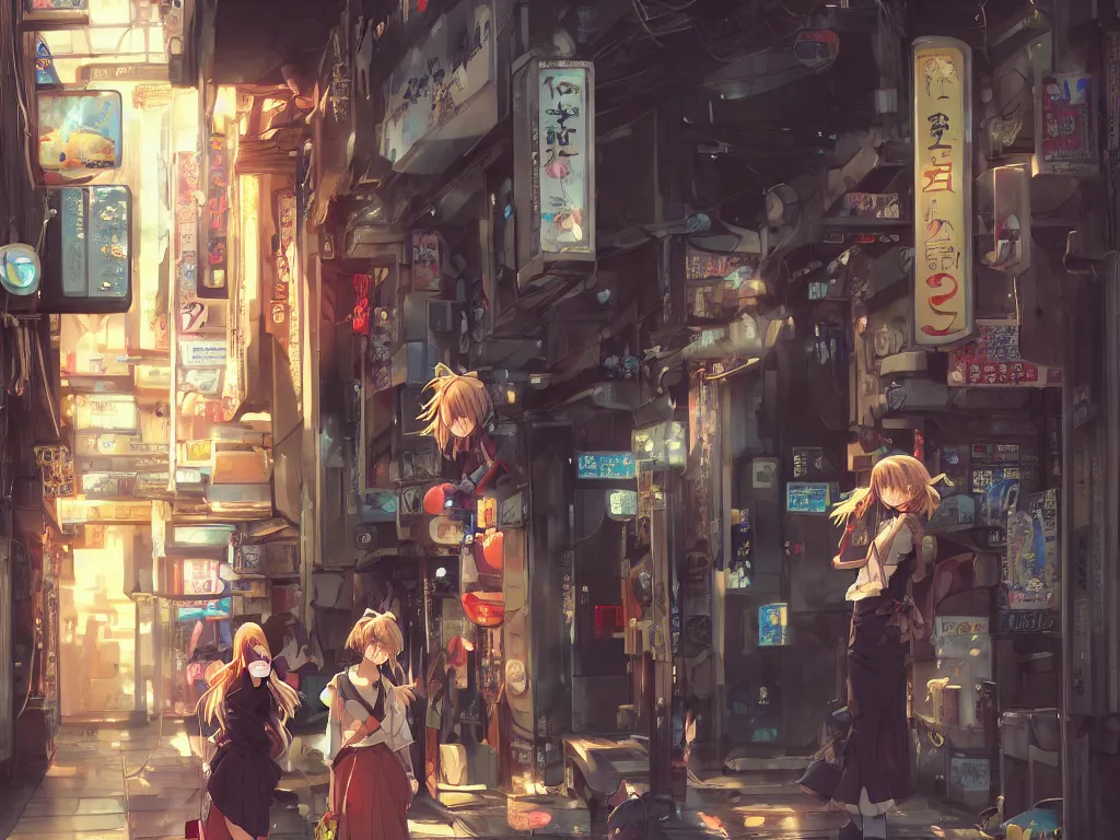 Prompt: Two beautiful anime girls, standing in front of a vending machine outside of a Japanese convenience store, in narrow Tokyo alleyway, gorgeous sunlight and shadows, D&D, fantasy, highly detailed, digital painting, artstation, concept art, sharp focus, illustration, in style of GUWEIZ and WLOP and NIXEU and Craig Mullins