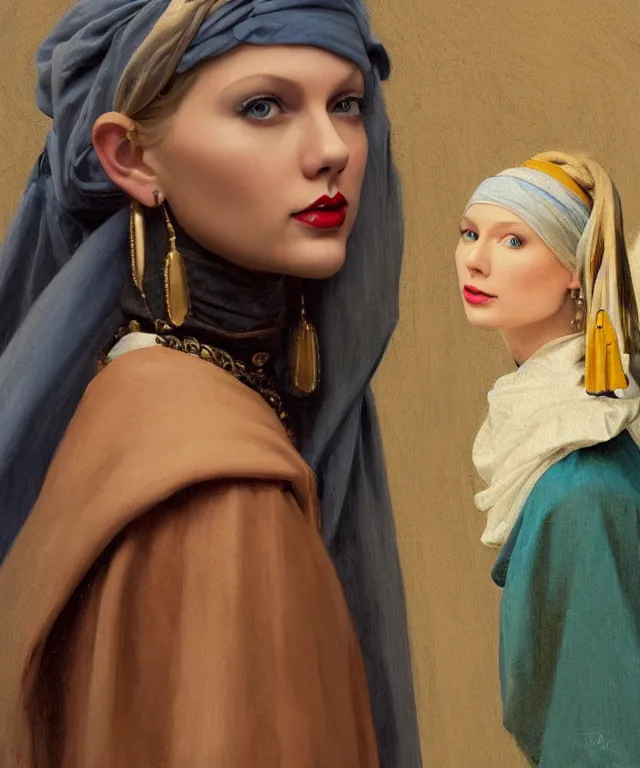 Image similar to Taylor Swift as the girl with the pearl earring, highly detailed, digital painting, artstation, concept art, smooth, sharp focus, illustration, ArtStation, art by artgerm and greg rutkowski and alphonse mucha and J. C. Leyendecker and Edmund Blair Leighton and Katsuhiro Otomo and Geof Darrow and Phil hale and Ashley wood and Ilya repin and Charlie Bowater