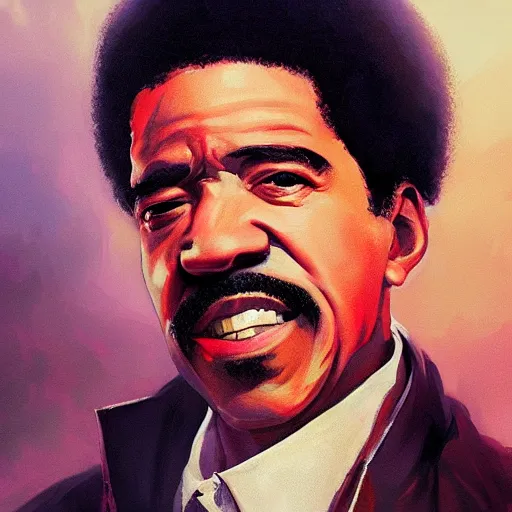 Prompt: closeup portrait of richard pryor, dramatic lighting, city background, chiaroscuro, high detail, painted by greg rutkowski, painted by igor kieryluk, painted by bobby chiu, trending on artstation