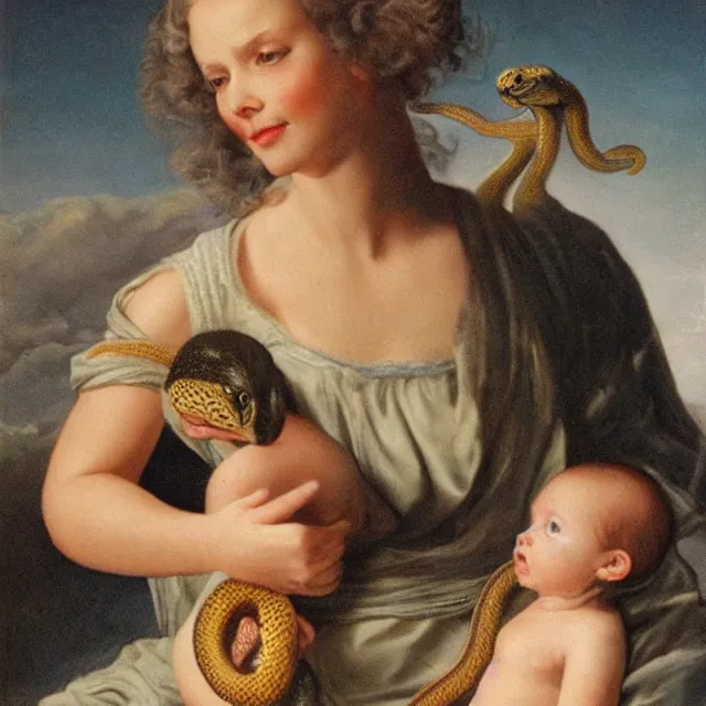 Prompt: eve holding baby over snake