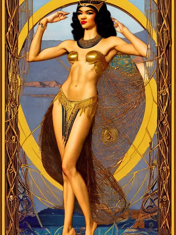 Image similar to zendaya as the Egyptian goddess Venus, a beautiful art nouveau portrait by Gil elvgren, Nile river water garden , centered composition, defined features, golden ratio, gold jewelry