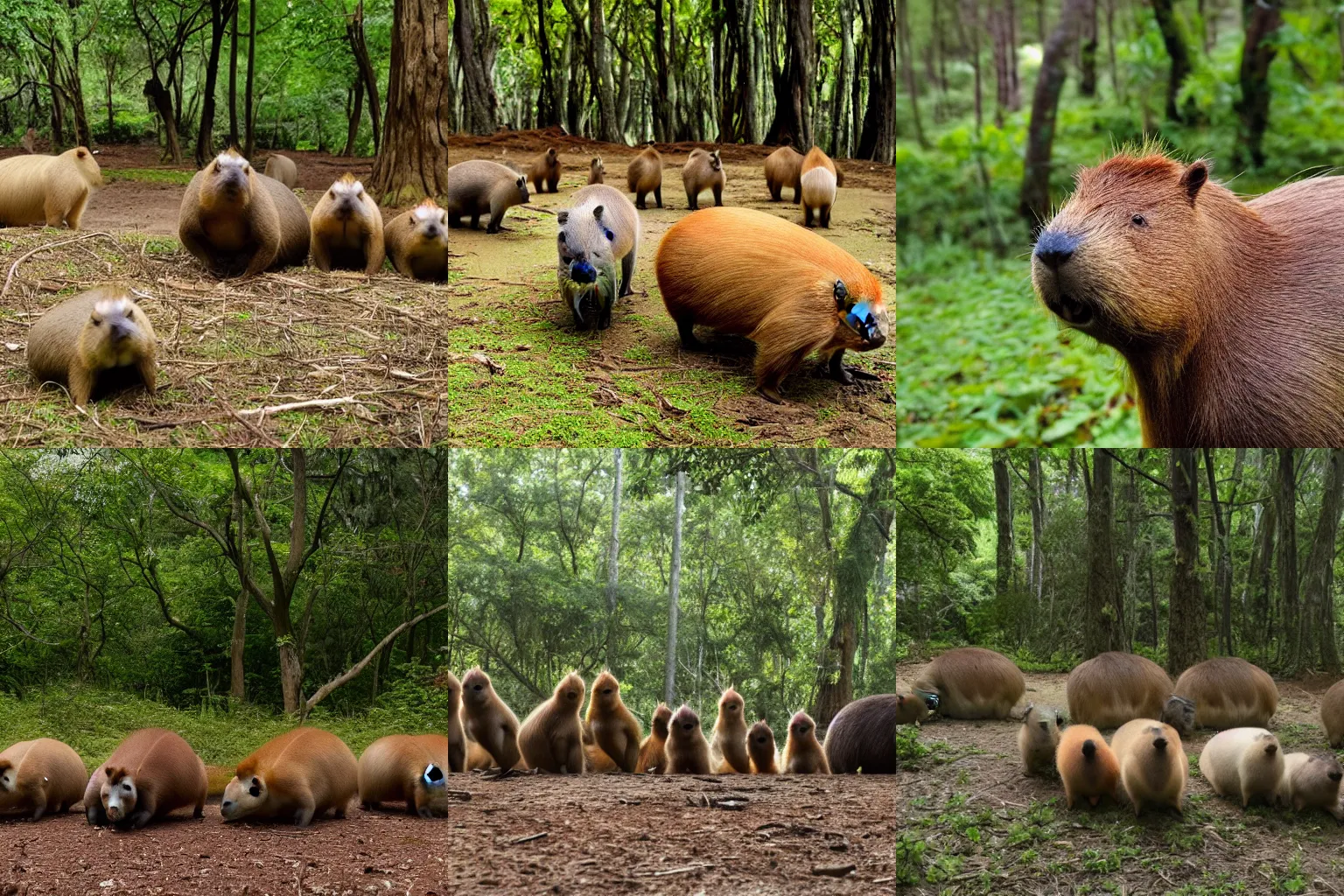 Prompt: several capybaras peeping the camera in a forest