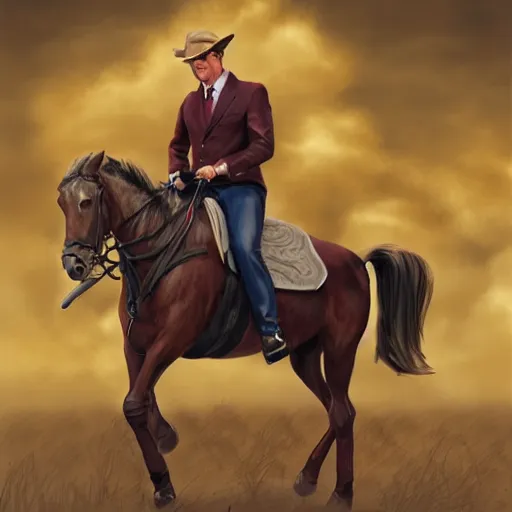 Image similar to saul goodman riding a horse while holding a sword, digital art, high rated, realistic