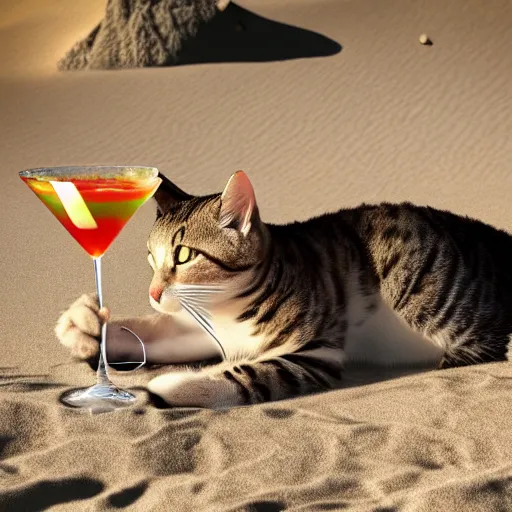 Image similar to realistic photo of an anthropomorphic cat chilling out on the beach and drinking a martini