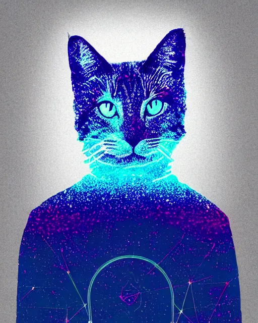 Image similar to highly detailed high resolution stacked plot of radio emissions from a pulsar, abstracted light refractions and stripy interference, making up a minimalist generative form of a fluffy cat, silk screen t-shirt design in the style of FELIPE PANTONE 4K